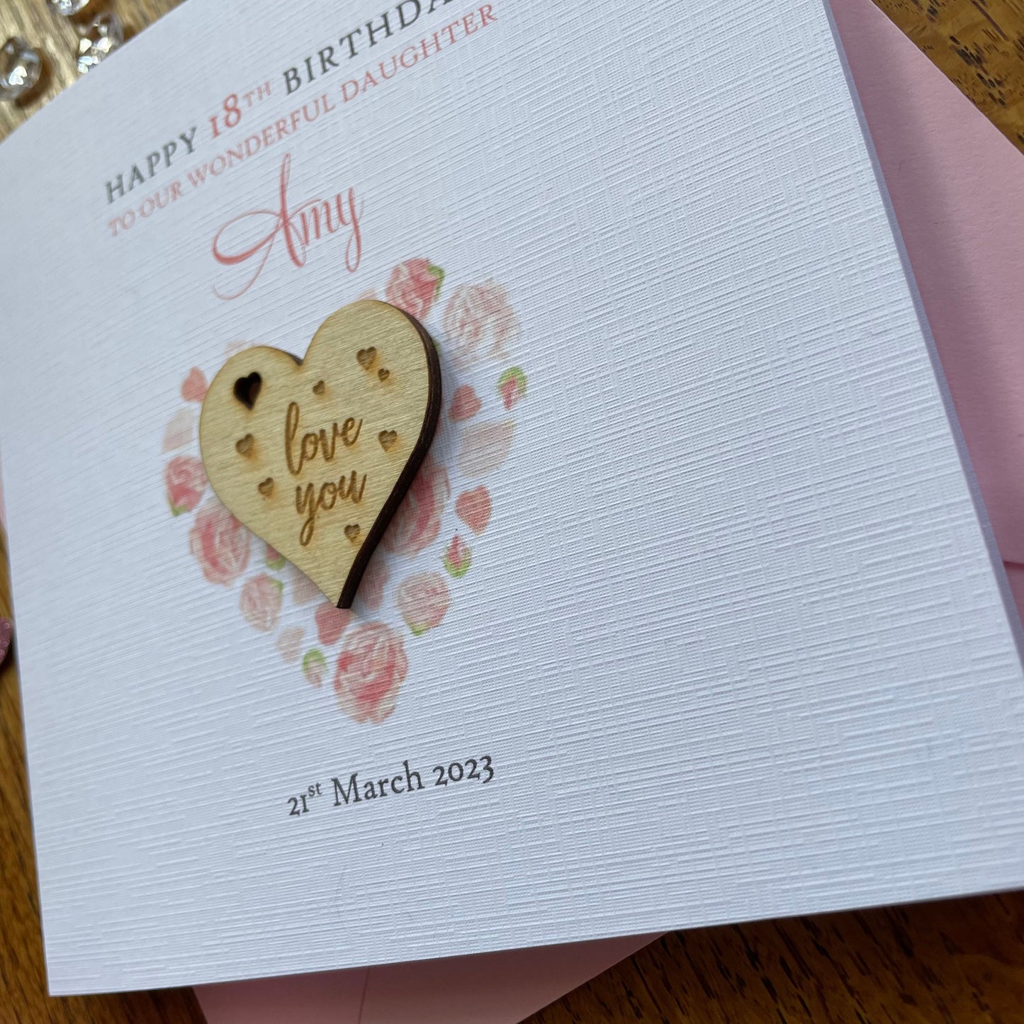 Personalised Birthday Card - Pink Rose Heart Pocket Hug Keepsake Card