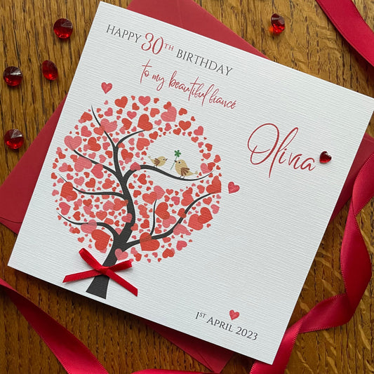 Personalised Birthday Card - Red Heart Tree with Birds