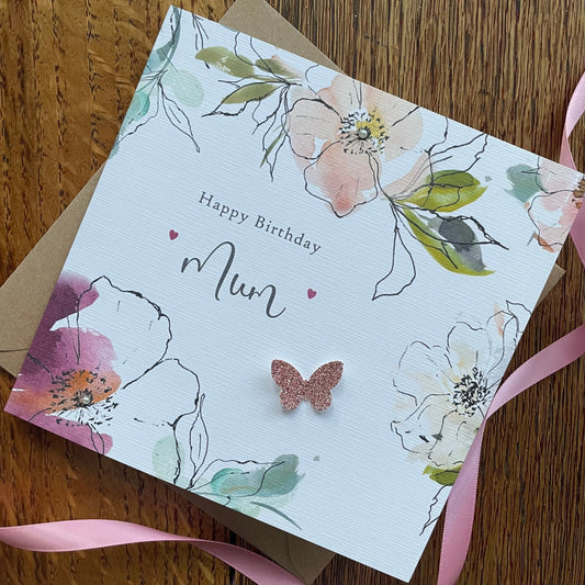 Personalised Birthday Card - Floral Watercolour Frame with Pearl Butterfly