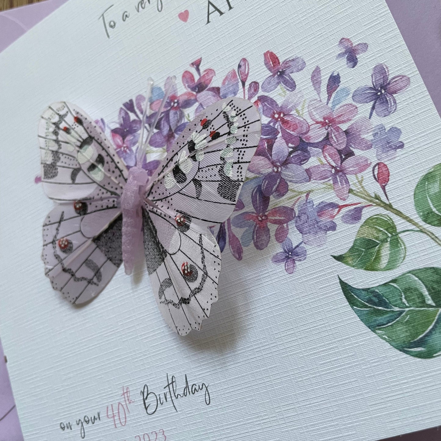 Personalised Birthday Card - Feather Butterfly - Lilac or Pink