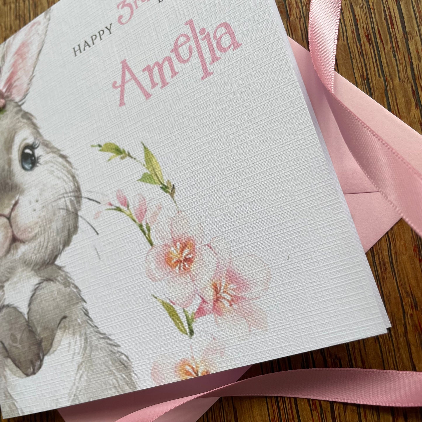 Personalised Birthday Card - Rabbit with Glitter and Pearl Flower - Daughter, Sister, Niece - 1st, 2nd, 3rd