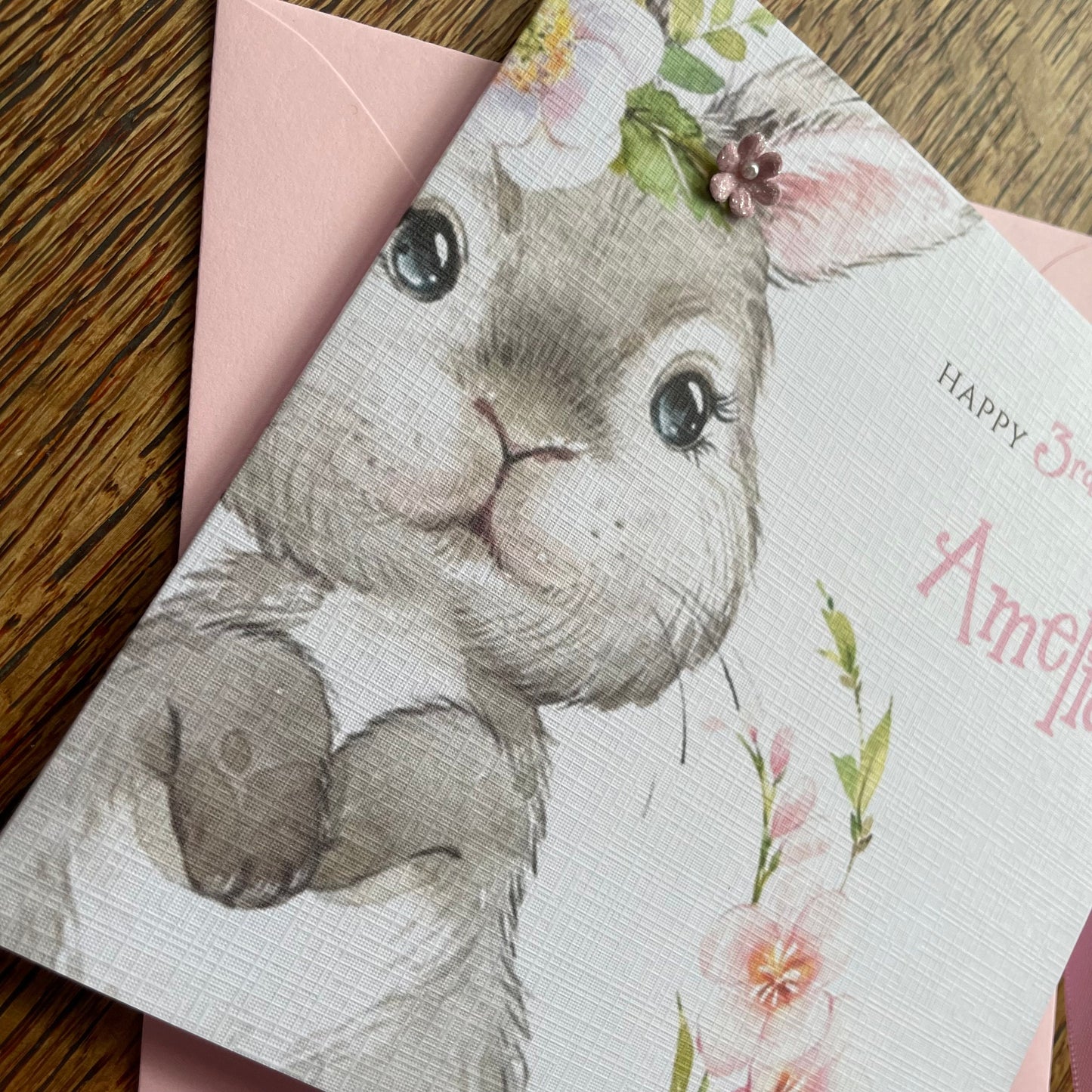 Personalised Birthday Card - Rabbit with Glitter and Pearl Flower - Daughter, Sister, Niece - 1st, 2nd, 3rd