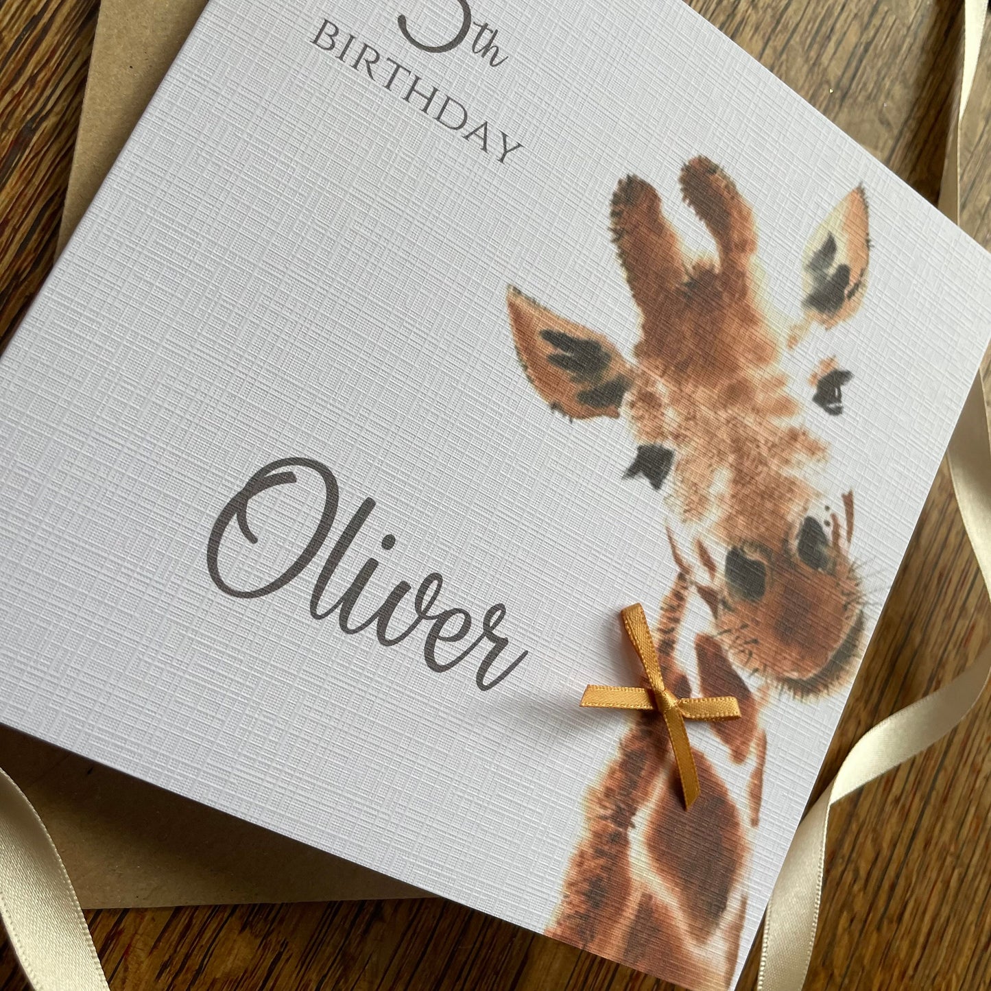 Personalised Birthday Card - Large Giraffe with Ribbon Bow